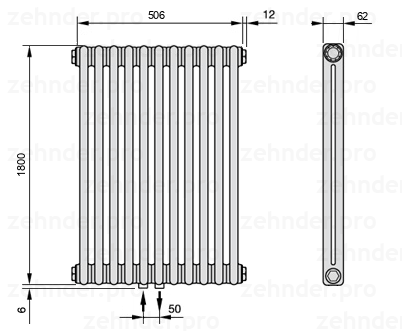 Схема (чертеж) Радиатор Zehnder Charleston 2180/11 №3470 Белый глянцевый RAL 9016